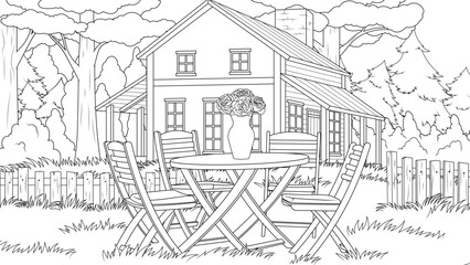 Vector illustration, country house with a beautiful meadow for recreation