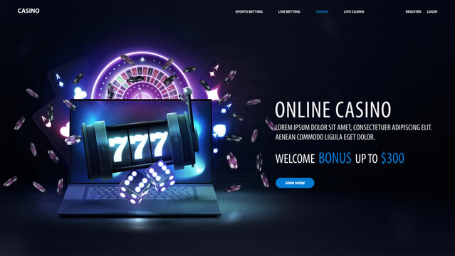 Online casino, dark web banner with offer, laptop, slot machine, neon playing cards, neon roulette, dice and poker chips on dark background