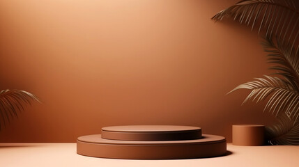 Brown organic podium or stage for cosmetic product presentation. Tropical leafs background. Copy space. Generative AI