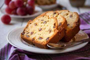 Sweet fruit cake with raisins, delicious baked dessert