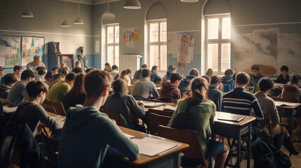 A classroom full of students working hard