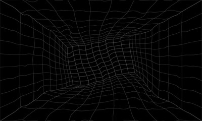 Retro Sci-Fi Background Futuristic landscape of the 80`s. Digital Cyber Surface. Design in 1980`s style, Empty mesh space, cyberpunk retro futurism style. Deformed, drunk, crooked, wavy, acid room 