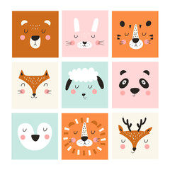 Fototapeta premium Cute animal face posters set . Hand drawn nursery character card for graphic, print, card or poster. Vector illustration