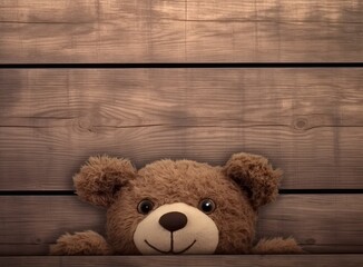 Brown cute teddy bear sneaked behind the old wooden door isolated on white background. Copy space for text and content. Created with Generative AI technology.