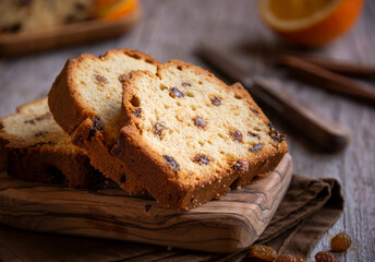 Sweet fruit cake with raisins, delicious baked dessert