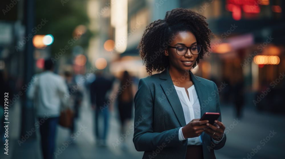 Wall mural stylish african american woman confidently using a smartphone amidst the urban cityscape, embracing 