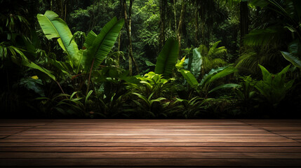 Banner with wood floor on green tropical forest background. Podium or stage for product presentation. Copy space. Generative AI