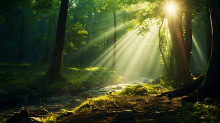 Beautiful green forest with rays of sun. Generative AI