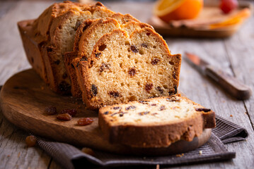 Sweet fruit cake with raisins, delicious baked dessert