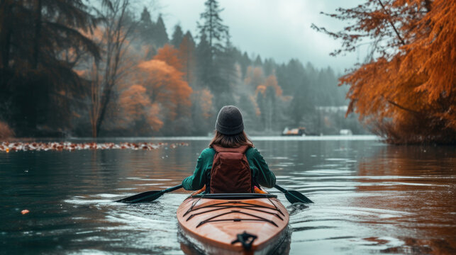 Tranquil kayak adventure for a woman, seeking balance and escape in the beauty of nature. AI generated
