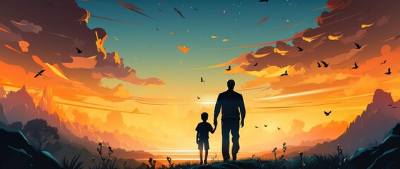 Father and son at sunset. The concept of a friendly family and summer holidays.