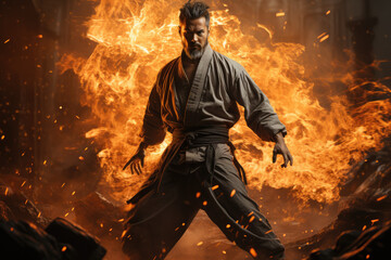 Fototapeta na wymiar Karate Fury Unleashed. Striking Action in White Kimono Amid Flames. Karate Practitioner Showcases Skill. Powerful Karate Performance