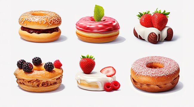 Sweet food, rendering vector icons set. Cake, donut, cupcake, ice cream, chocolate