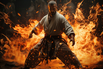 Karate Fury Unleashed. Striking Action in White Kimono Amid Flames. Karate Practitioner Showcases Skill. Powerful Karate Performance - obrazy, fototapety, plakaty
