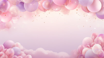 Fototapeta na wymiar Festive banner with air balloons on isolated pink background. Frame, border, postcard, birthday card. Copy space. Generative AI