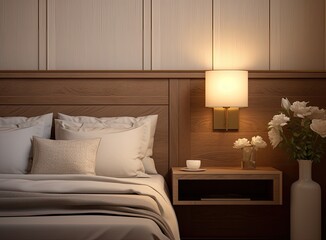 Stylish golden lamp and stationery on wooden nightstand in bedroom. Interior element. Created with Generative AI technology.