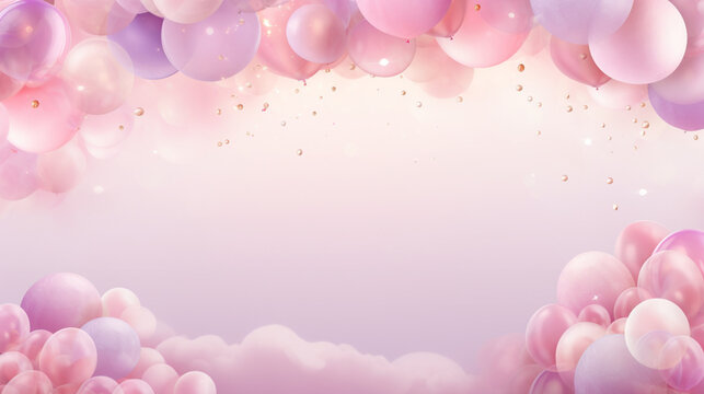 Festive banner with air balloons on isolated pink background.Frame, border, postcard, card.  Copy space. Generative AI