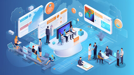  project management software, customer relationship management (CRM) systems, analytics dashboards, and communication platforms, isomeric vectors.Generative AI