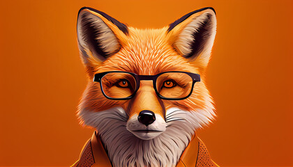 Stylish portrait of dressed up imposing anthropomorphic handsome fox wearing glasses and suit on vibrant orange background with copy space. Funny pop art illustration Ai generated image - obrazy, fototapety, plakaty