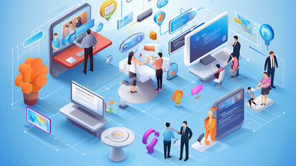  project management software, customer relationship management (CRM) systems, analytics dashboards, and communication platforms, isomeric vectors.Generative AI