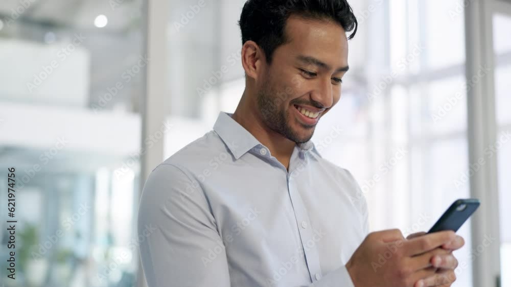 Poster business, asian man and typing on smartphone for social network, mobile website or internet trading.
