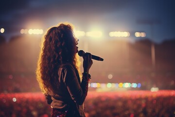 a beautiful female pop star singer giving music concert performance in a huge crowded stadium arena...