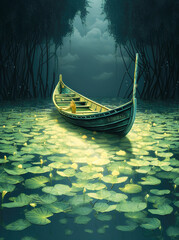 Generative AI: fantasy leaves boat on a calm lake