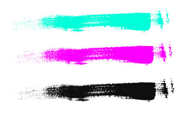 Set of Bright Pink, Neon Blue and Black Grunge Lines.  Freehand Vibrant Colors Brush Stripes. Hand Drawn Smuges of Irregular Shape. No Background. Irregular Abstract Elements. Simple Rough Stripes. 