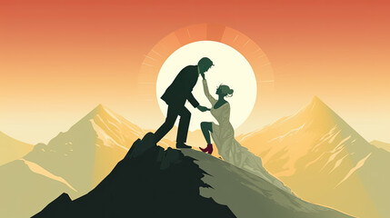 illustration of a couple in love on a top of a mountain after the wedding. Generative AI