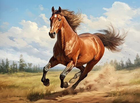 Amazing chestnut Budyonny horse running on meadow. Created with Generative AI technology.