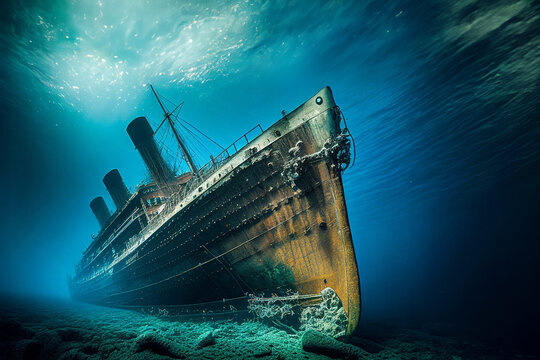 Vintage old ocean liner rusty shipwreck underwater, Titanic wreck illustration