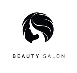 Black vector beauty salon or hairdresser icon design with silhouette of beautiful woman's portrait isolated on white background