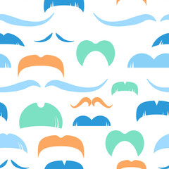 Seamless pattern of multi-colored mustaches on a white background