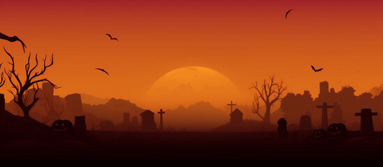 Silhouettes of tombstones against background of orange moon. Halloween banner. Generative AI