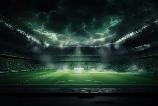 textured soccer game field with neon fog - center, midfield. Created with Generative AI technology. © lililia