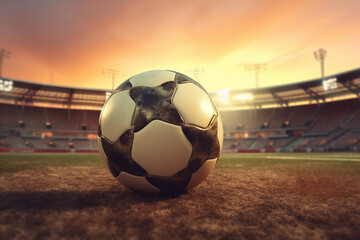 Football on the grass of the football stadium. Spectacular stage, sunset, - obrazy, fototapety, plakaty