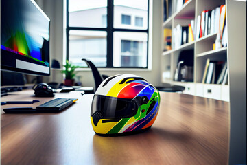 Color, shiny motorcycle helmet on boss table in office. Big boys toys. Hobby