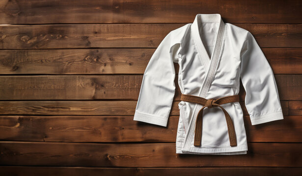 Brown Belt Warriors: Kimono with Black Belt on wood Background with Space for Text. Martial Arts Discipline Concept AI Generative	
