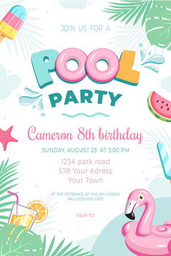 Bright poster flyer invitation to the pool party in honor of the child's birthday. Flat style. Vector illustration.