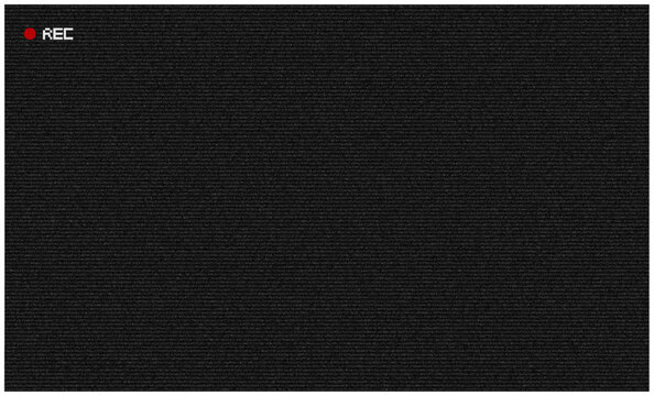 Retro CCTV or VHS video white noise background texture with red recording indicator. Vintage horizontal scanlines with vignette border. Grungy distressed horror film backdrop 8k 16:9 3D rendering 
