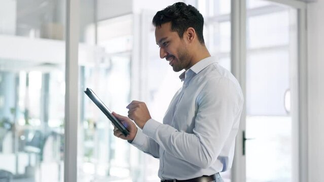 Business, asian man and tablet in office for planning research, trading data or stock market information. Happy male trader scroll on digital technology to online connection, financial website or app