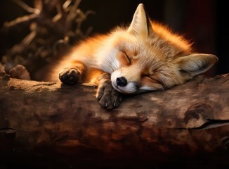 Red cute fox, animal sleeps on a tree. Created with Generative AI technology.