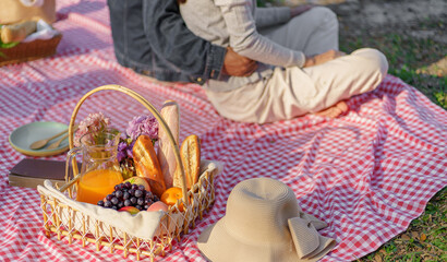 Picnic Lunch Meal Outdoors Park with food picnic basket. enjoying picnic time in park nature outdoor