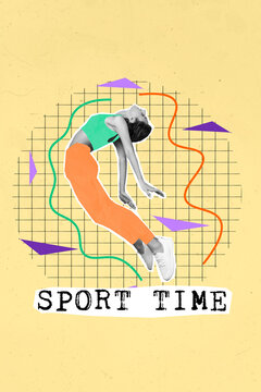 Template graphics collage image of slim adorable lady jumping practicing sport isolated colorful background