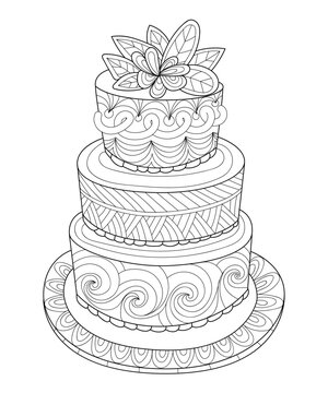 Hand drawn doodle cake for coloring book for kids and adults. Zentangle style. 
