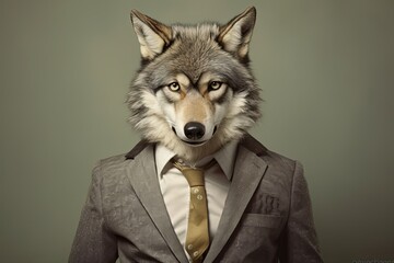 Fototapeta premium Anthropomorphic Wolf wearing suit, a metaphor for successful and bold business mindset, CEO business mindset motivation