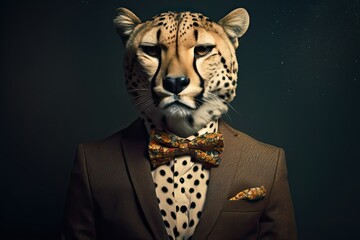 Anthropomorphic Cheetah wearing suit, a metaphor for successful and bold business mindset, CEO business mindset motivation high fashion