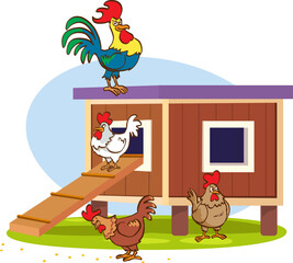 Illustration of a Cute House with Rooster and Chickens © serkan