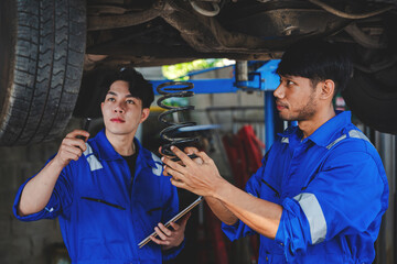 Mechanic inspects and maintains the engine for the customer. An app to write checklists for repair machines, car services and maintenance to the clipboard.