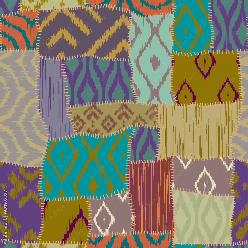 Poster Textille patchwork pattern. Ikat ethnic pattern. Seamless Vector image.